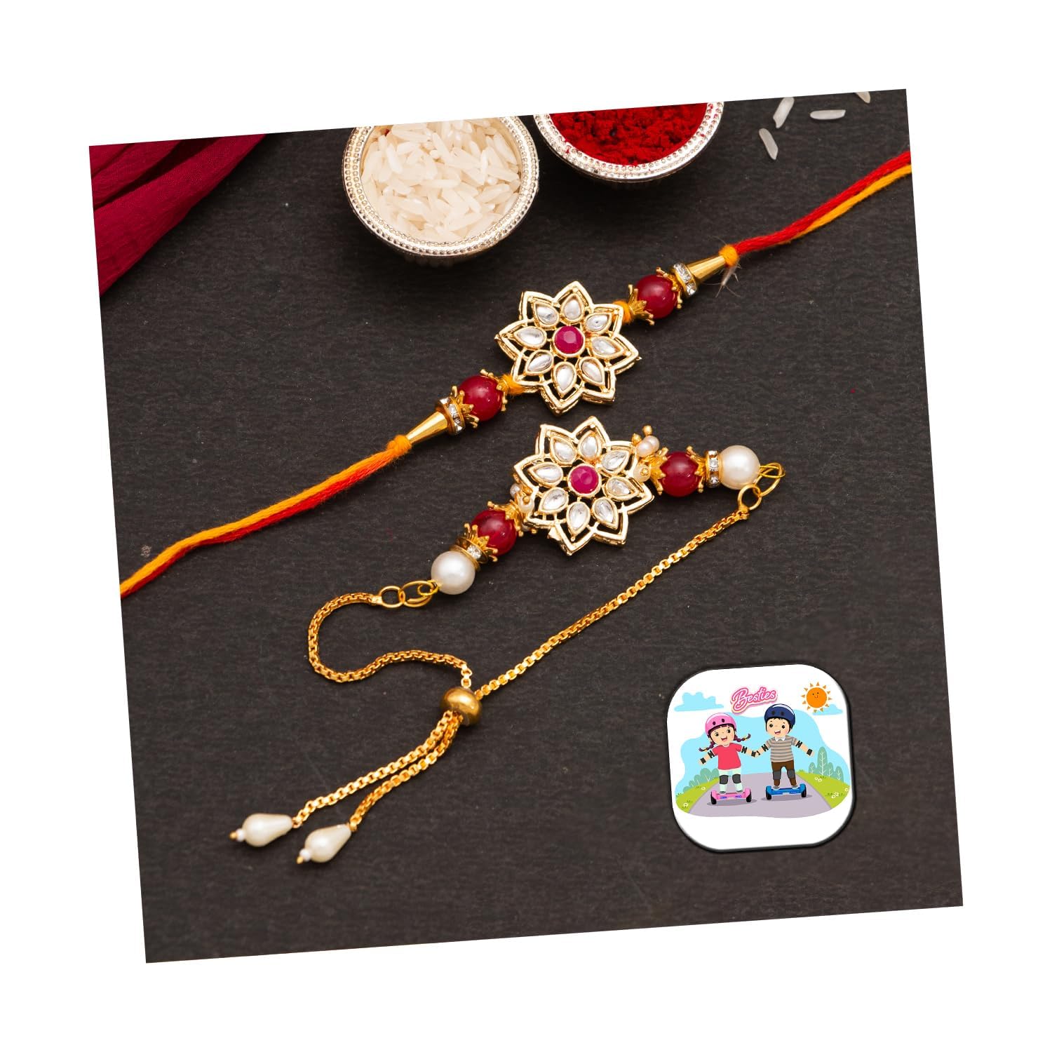 CraftVatika Rakhi Magnet Gift Combo for Bhaiya and Bhabhi Designer Lumba Rakhi Set Couple Rakhi for Brother and Bhabhi Rakshabandhan Rakhi Set of 2 Rakhi with Fridge Magnet for Fridge Decor-image-9