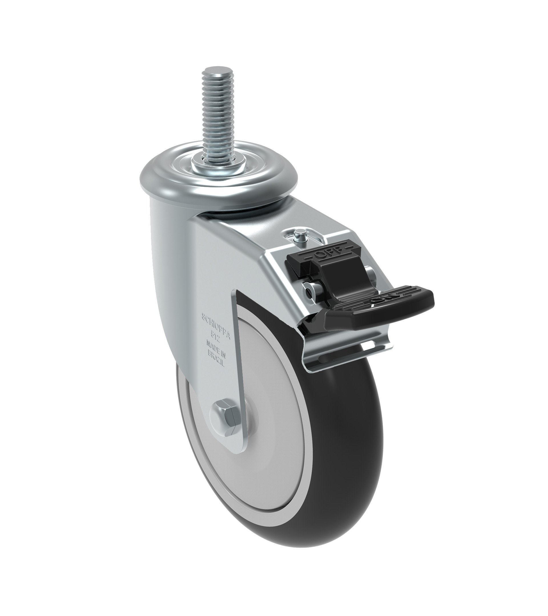 SchioppaGLEIH 512 NPE G L12 Series 5" x 1-1/4" Diameter Swivel Caster with Total Lock Brake, Non-Marking Polypropylene Precision Ball Bearing Wheel, 1/2" Diameter x 2" Length Threaded Stem, 325 lb