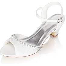 JIAJIA 8964 Womens Bridal Shoes Peep Toe 1.9 Block Low Heel Lace Satin Pumps Sandals Wedding Shoes