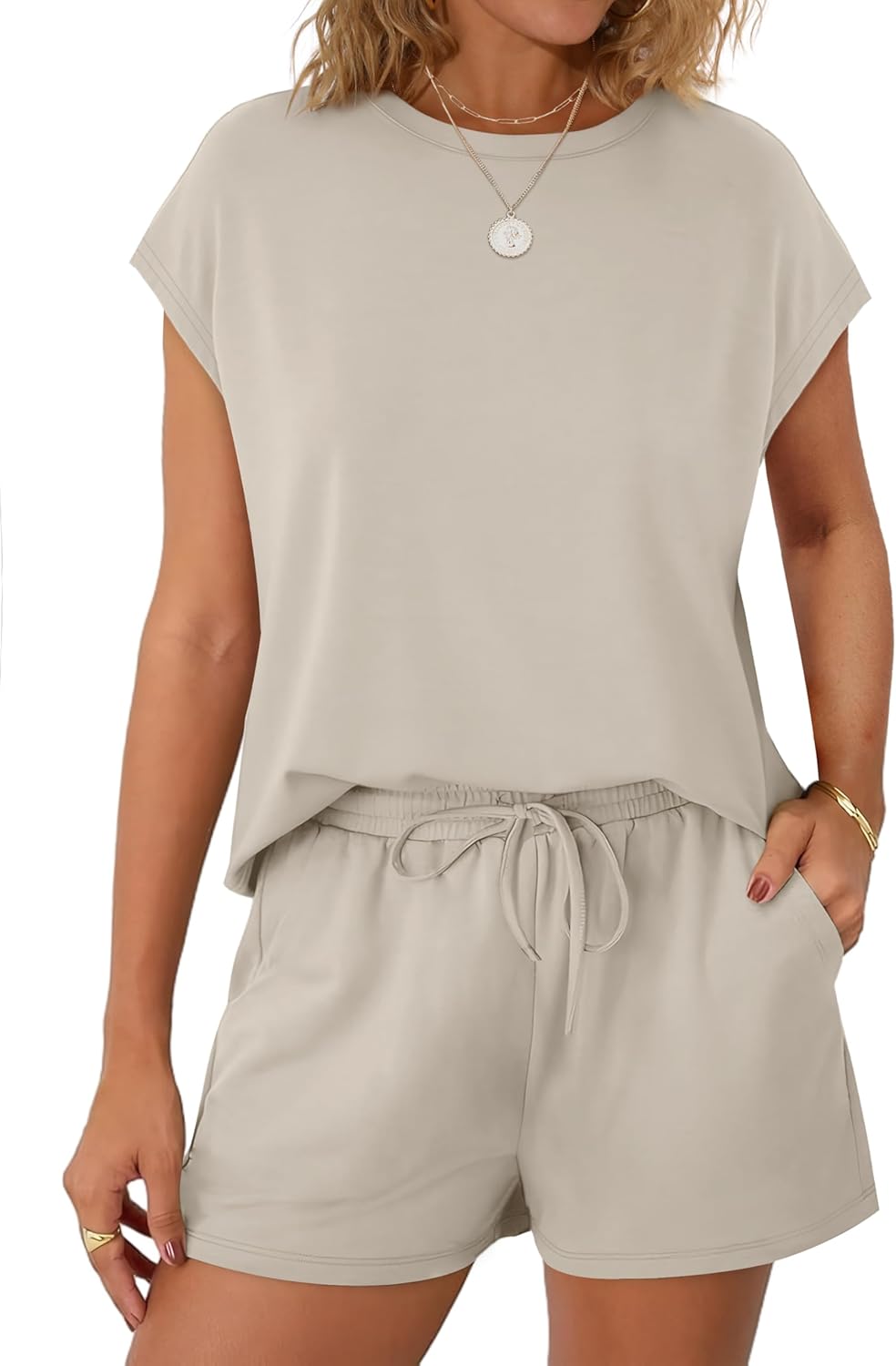 WIHOLL Two Piece Sets for Women Summer Crew Neck Lounge Short Sets Cap Sleeve Drawstring Sweatsuit with Pocket - Image 2