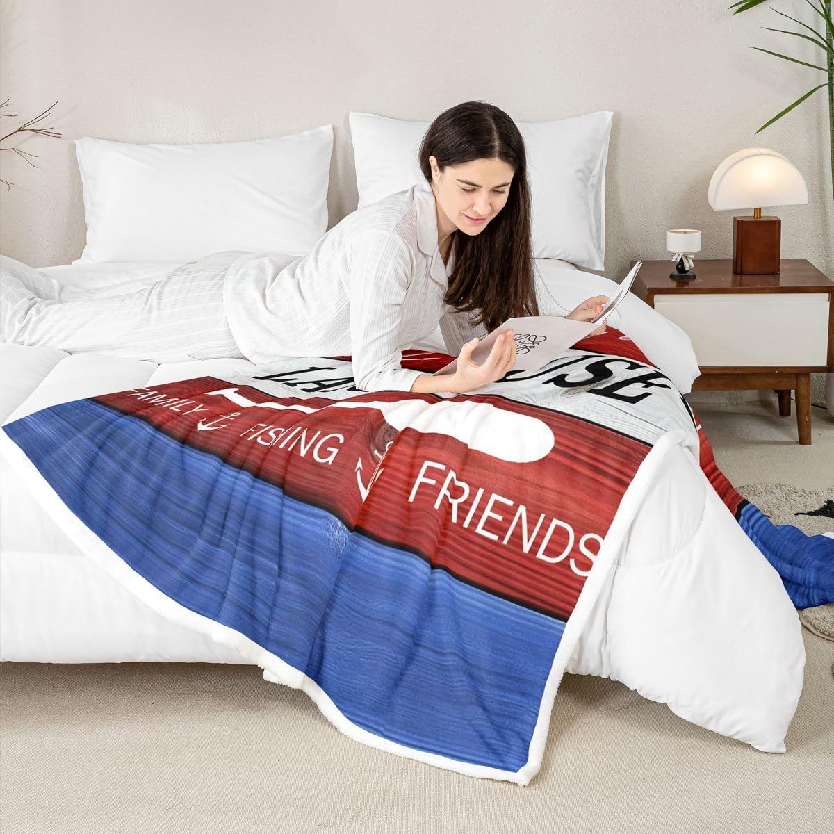 Erosebridal Lake House Plush Blanket Queen 90"X90" Lake House Fishing Fleece Blanket for Bed Couch Beach Paddle Anchor Throw Blanket Rustic Farmhouse Flannel Blanket Retro Red Blue Home Room Decor