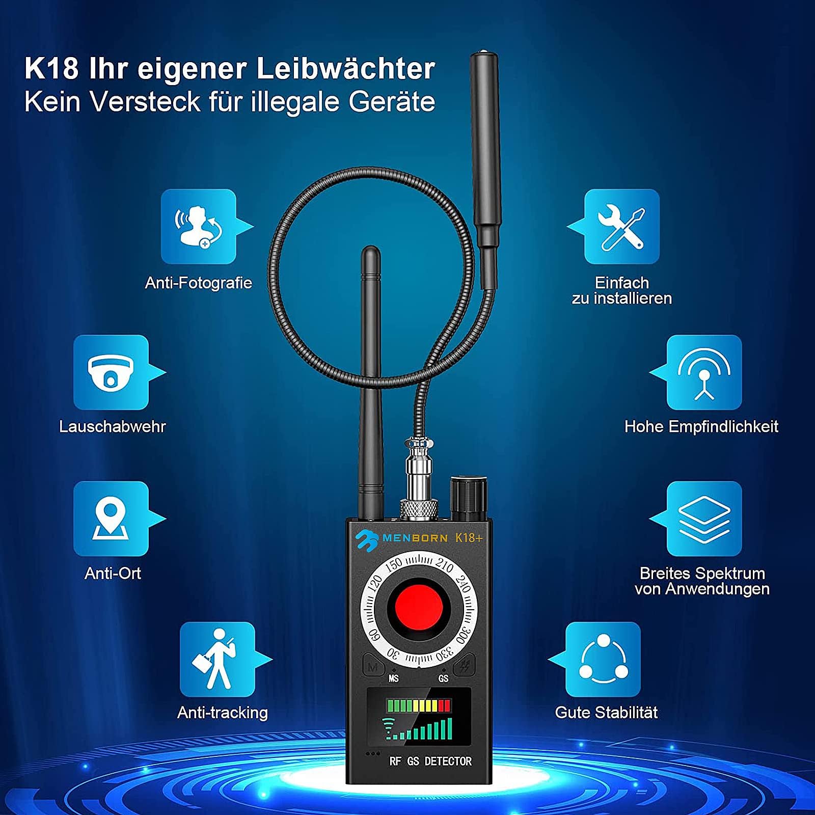 Menborn Wanzen Detektor, Hidden Camera Detector, GPS Spy Finder, Versteckte Kamera Detektor für GSM Tracker Abhörgeräte, Funkkameras Wanzenfinder | GPS-Tracker, HF-Signalscanner, magnetische Erkennung, einstellbare Empfindlichkeit, Hotel und Auto