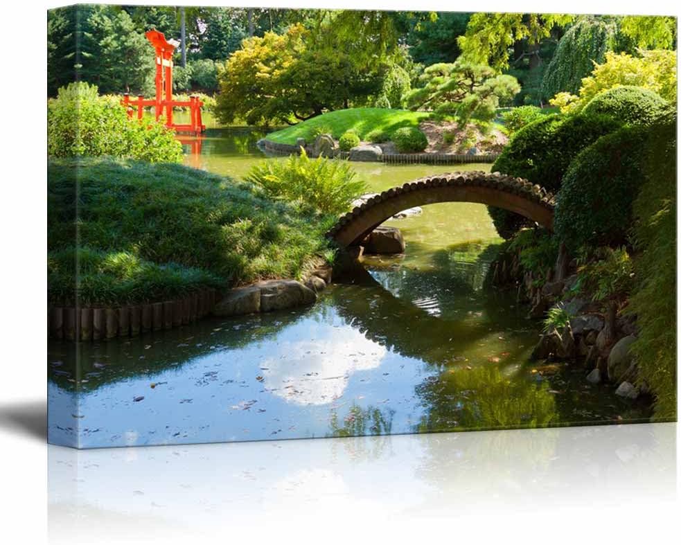 Canvas Prints Wall Art - Japanese Garden and Pond with a Red Zen Tower | Modern Wall Decor/Home Decoration Stretched Gallery Canvas Wrap Giclee Print & Ready to Hang - 12" x 18"