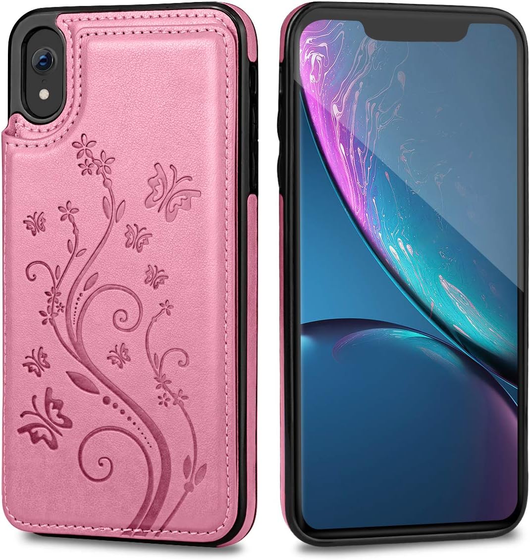 HianDier Wallet Case for iPhone XR, Slim Protective Case with Credit Card Slot Holder Flip Folio Soft PU Leather Magnetic Closure Cover Case Compatible with iPhone XR 6.1 inches (2018), Pink