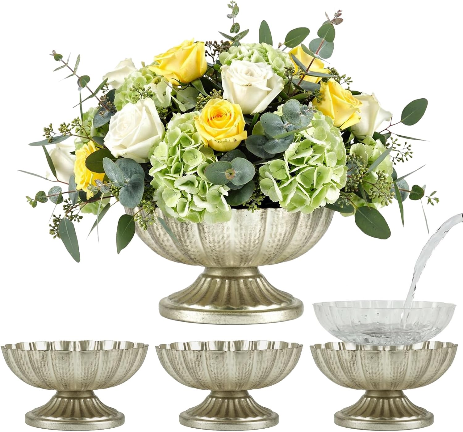 Distressed Silver Flower Vases for Centerpieces, 7'' Wide 3.94'' High Silver Compote Vases for Wedding Table Centerpiece, Footed Compote Bowl Vase for Table Decoration (4 Pack)