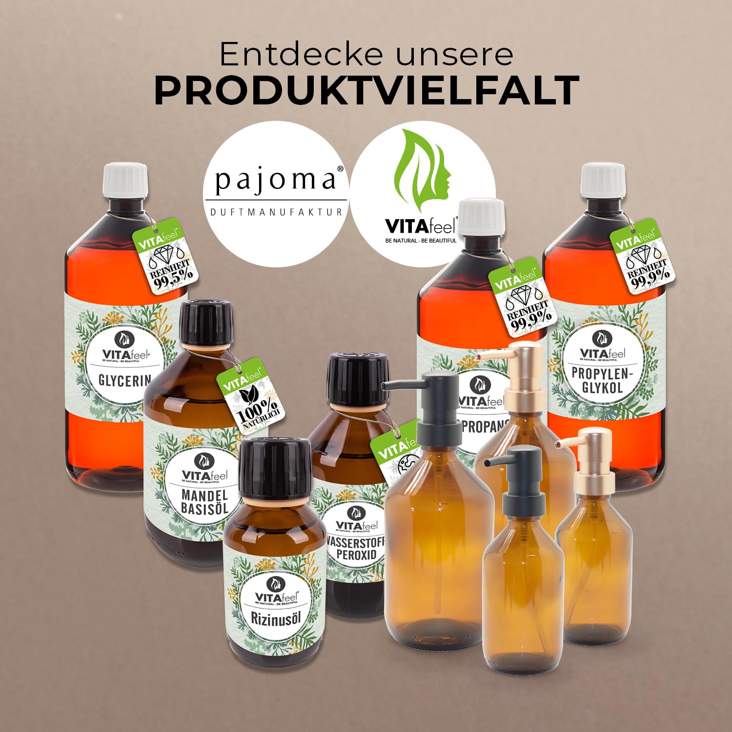 Pajoma 8X Seifenspender 500 ml aus Glas - Braunglasflasche | Ø 8.5 x 21 cm - mit schwarzem Pumpkopf | Stilvoller Spülmittelspender, Handseifenspender & Pumpspender - ideal für Küche, Bad und Dusche
