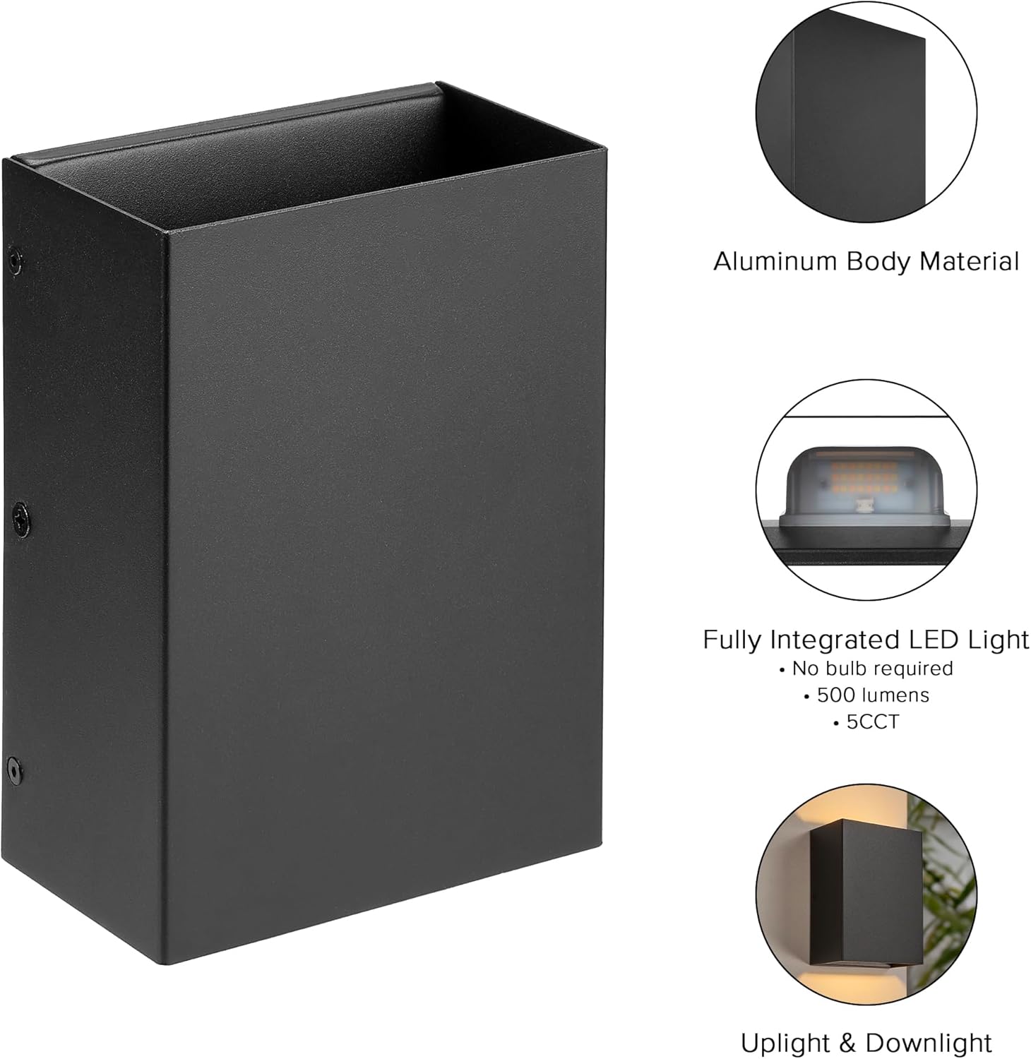 Maxxima LED Outdoor Rectangular Porch Wall Light, 500 Lumens, 5 CCT Color Selectable 2700K/3000K/3500K/4000K/5000K, Up and Down Sconce Lighting, 12 Watt, Modern Exterior Flush Mount Patio Lighting