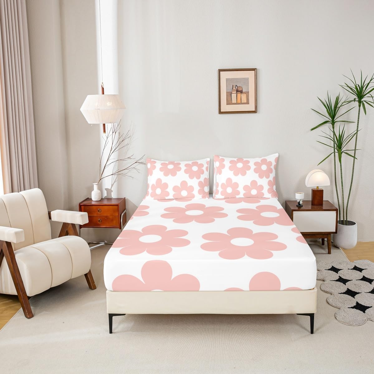 Manfei Girly Pink Bed Sheet Queen Set,70s Groovy Daisy Flowers Sheets Sets Boys Girls Bedroom Decor,Cute Cartoon Floral Bedding Set with Flat,Fitted Sheet,2 Pillow Cases