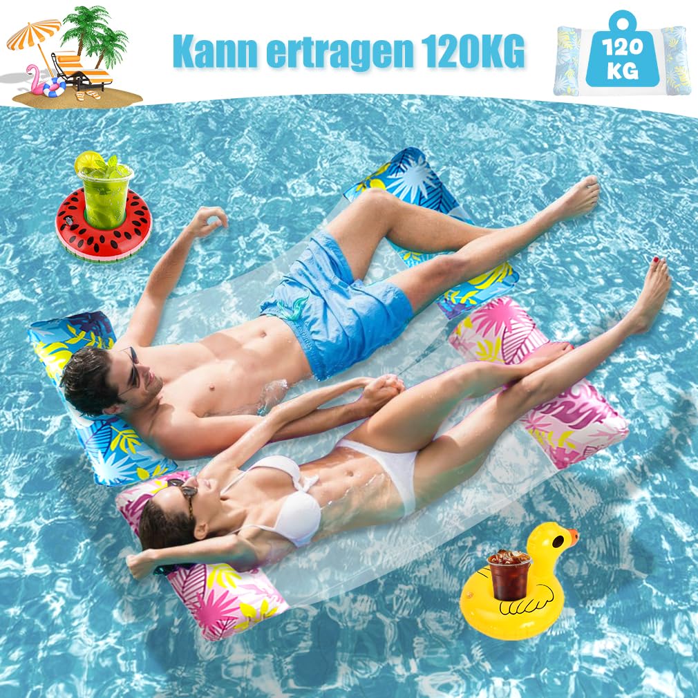 3 Stück Luftmatratze Wasser mit 2 Luftpump und 2 Getränkehalter，4 in 1 Wasserhängematte mit Netz Aufblasbare Schwimmsessel Wasser Matratze Pool Zubehör Liege Sofa Stuhl Sitz Erwachsene Kinder Stabil
