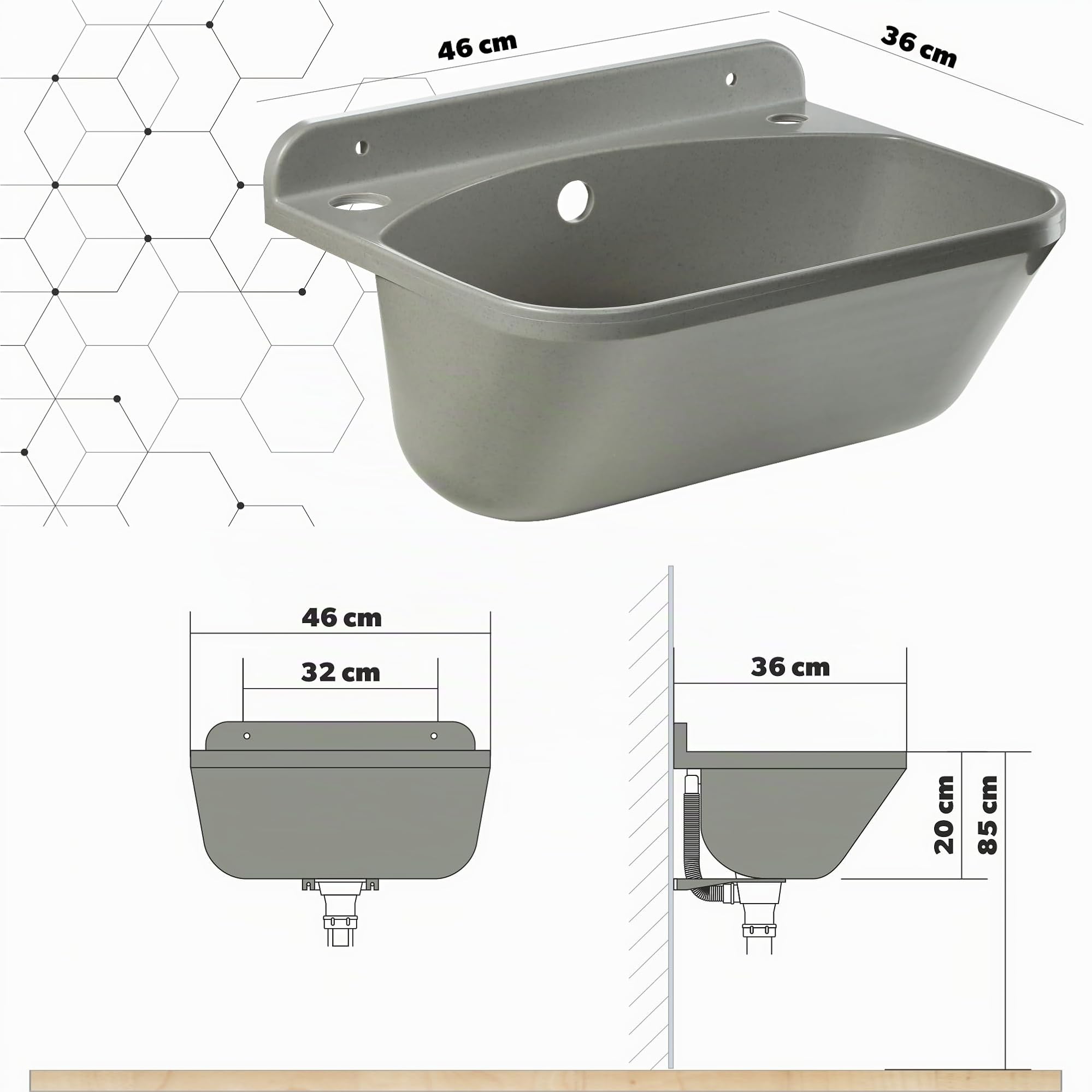 GOSPO Ausgussbecken mit ausziehbarer Armatur, Seifenspender, Siphon, Waschbecken 46 x 36 x 20 cm, für Garage, Keller, Waschtrog, Wandmontage, in Platte, Spülbecken inkl. Zubehör (grau)