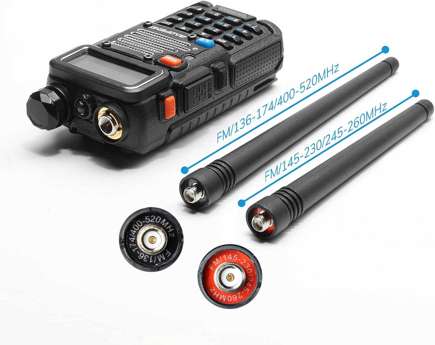 Baofeng UV-5RX3 radio with two different antennas and their frequency markings