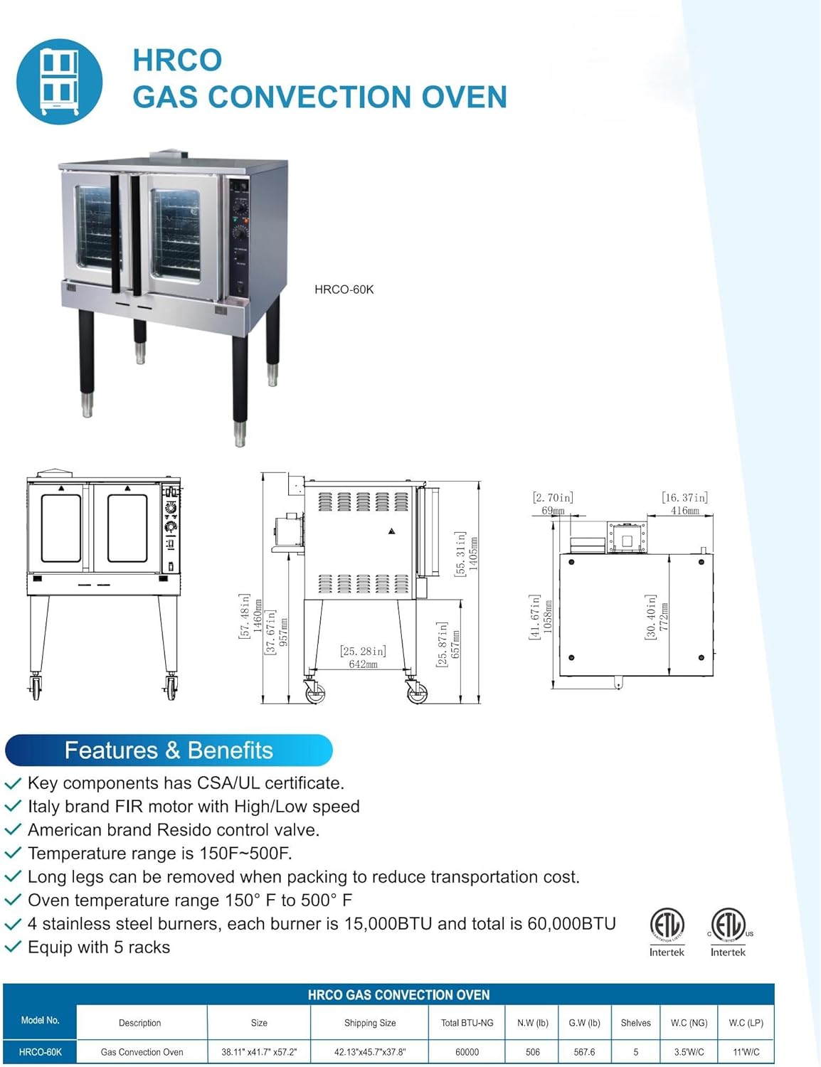 ETL Commercial Gas Convection Oven, 60,000 BTU, 5 Racks, 150-500°F Temperature Range, Stainless Steel, Wheels and legs not included HRCO-60K