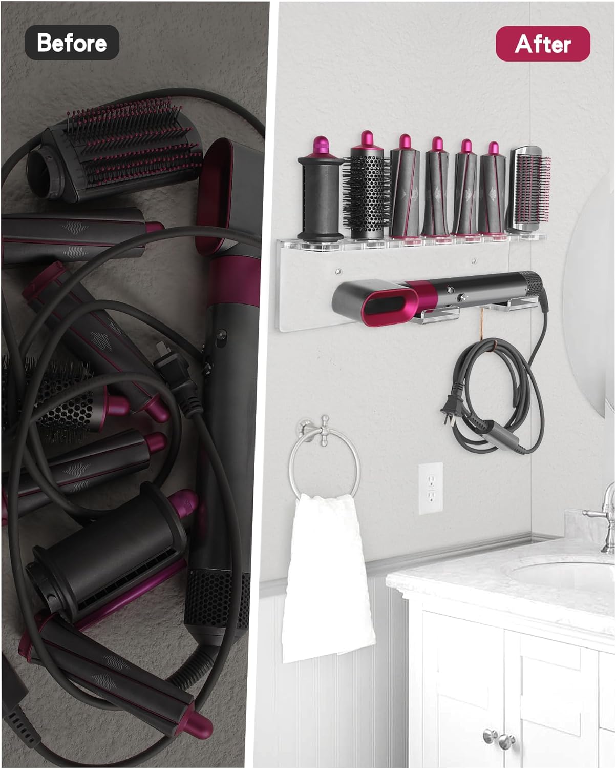 Affogato Acrylic Wall Mount Holder Compatible with Dyson Airwrap Styler and Accessories Organizer Rack for Wand Brushes Barrels, Clear