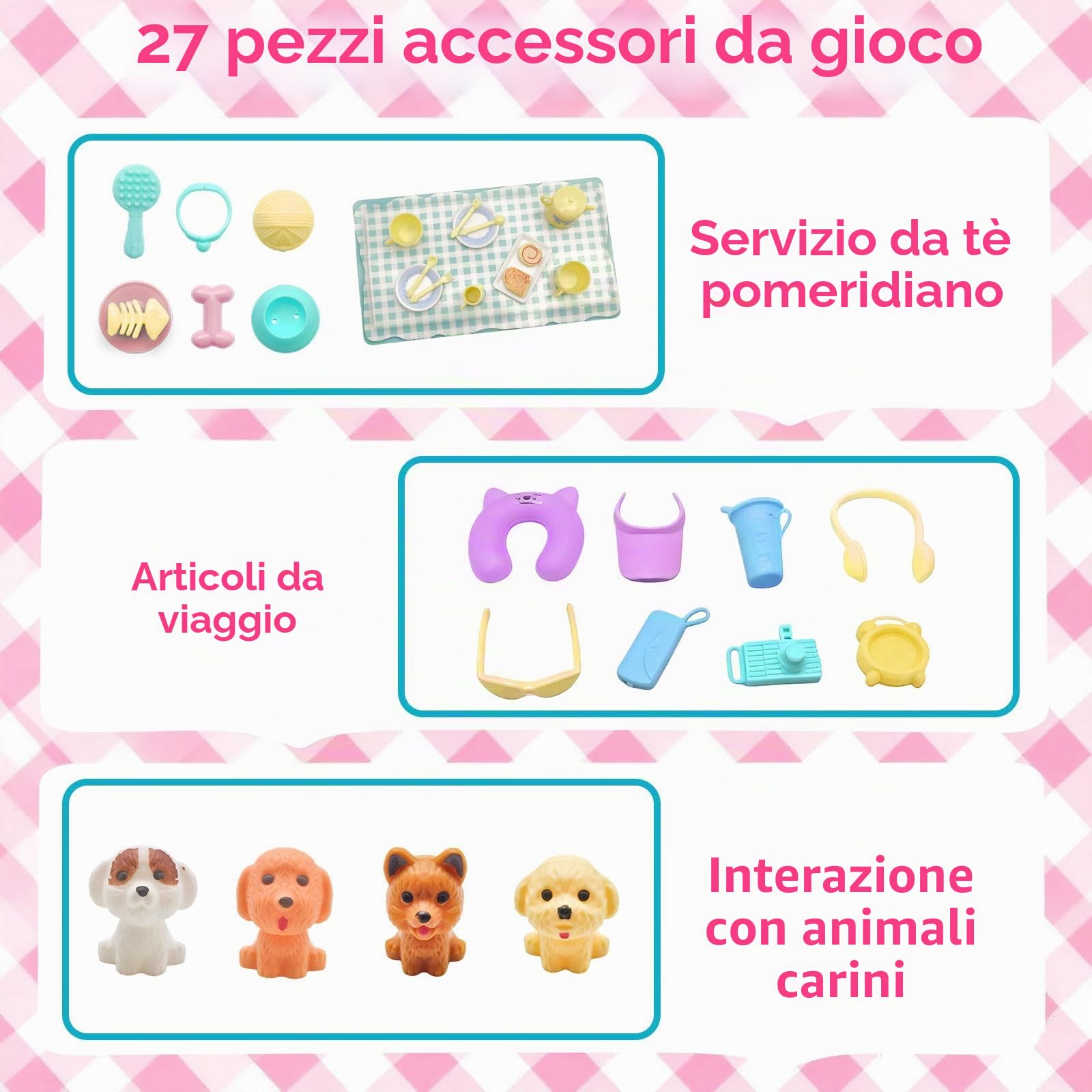 Set di 43 tende da campeggio da viaggio compatibili con Barbie, accessori per bambole da 29,9 cm con 1 tenda per bambola, 4 abiti, 4 scarpe, 4 mini cucciolo, 7 animali domestici, 1 binocolo, 14