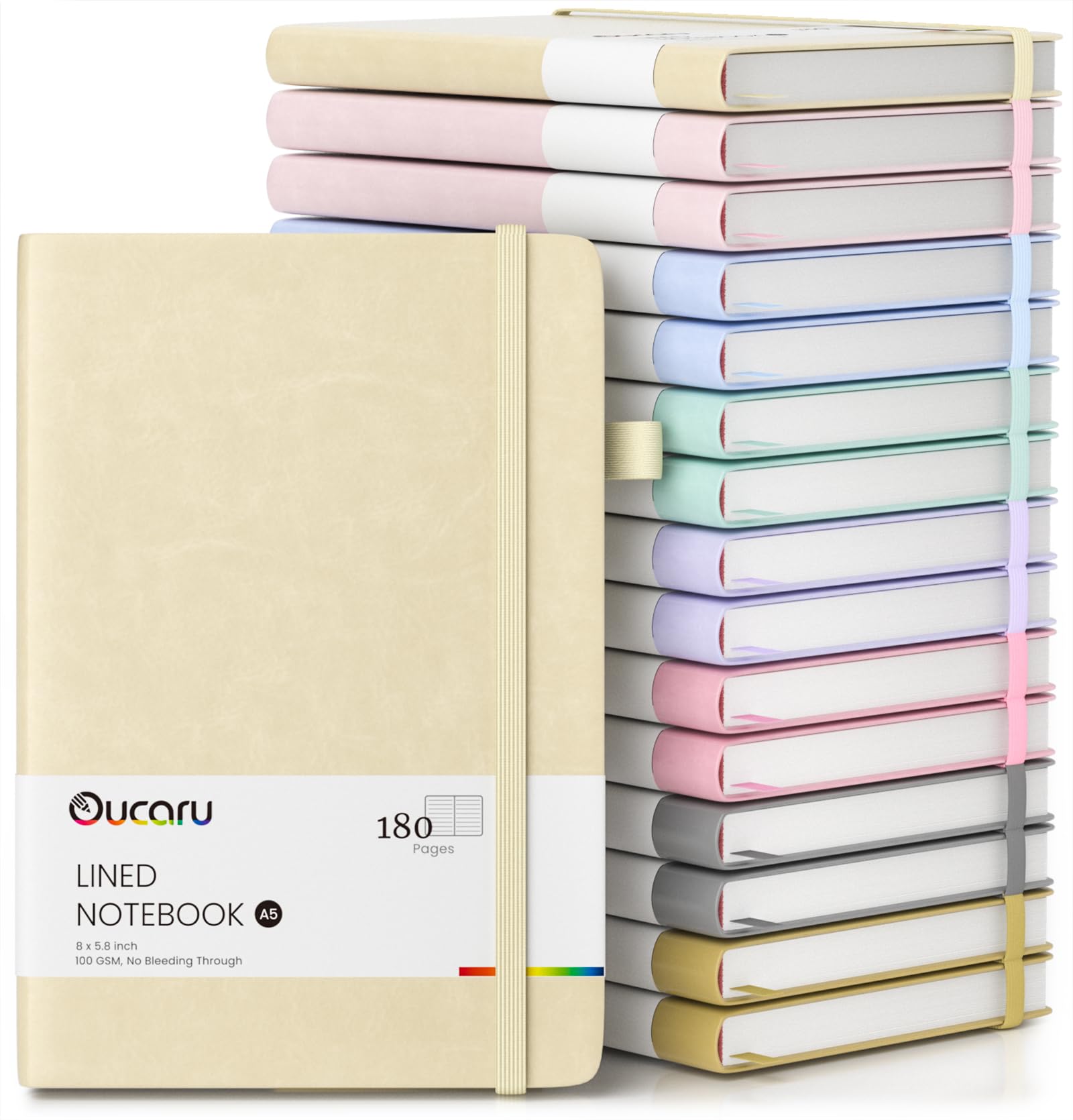 Oucaru Quaderno a righe, confezione da 16, 180 pagine, A5, per scrittura, carta spessa 100 g/m², piccoli quaderni quotidiani per donne, uomini, lavoro, scuola, viaggi