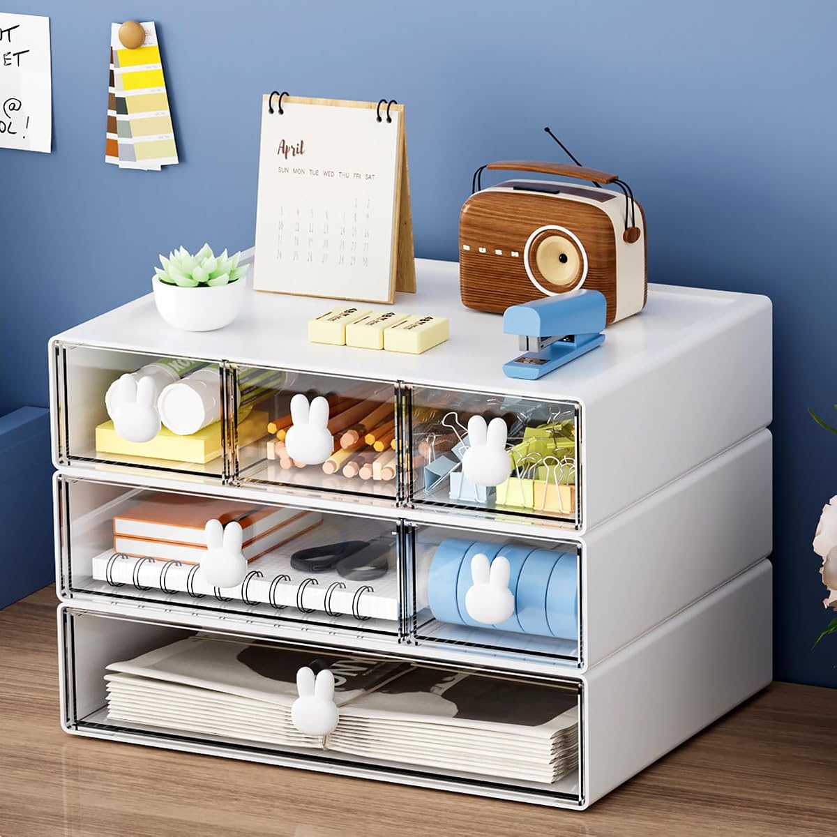 Organizador de escritorio con 6 cajones, cajones de almacenamiento apilables de 3 niveles Almacenamiento de maquillaje de plástico, organizadores y almacenamiento de oficina, caja de almacenamiento de escritorio para oficina, escuela, hogar