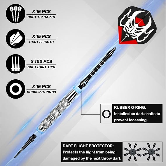 Darts Plastic Tip - 15 Pack Soft Tip Darts Set for Electronic Dartboard - 18 Grams Soft Darts Set with 100 Extra Dart Tips, Aluminum Shafts, Dart Flights, Flight Protectors and Rubber O-Rings