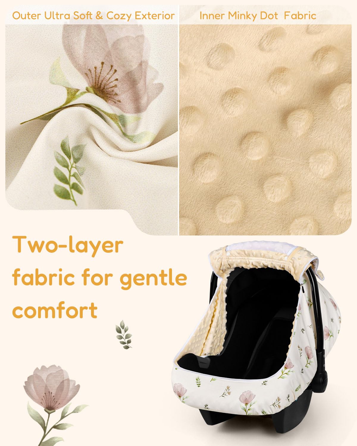 Baby Car Seat Cover/Insert, Summer Carseat Covers Baby Girl, Easy Access carseat Canopy Snug Fit Baby Stroller, Dual-Layer Protection, Cooling Mesh & Roll-Up Sun Shade, Floral