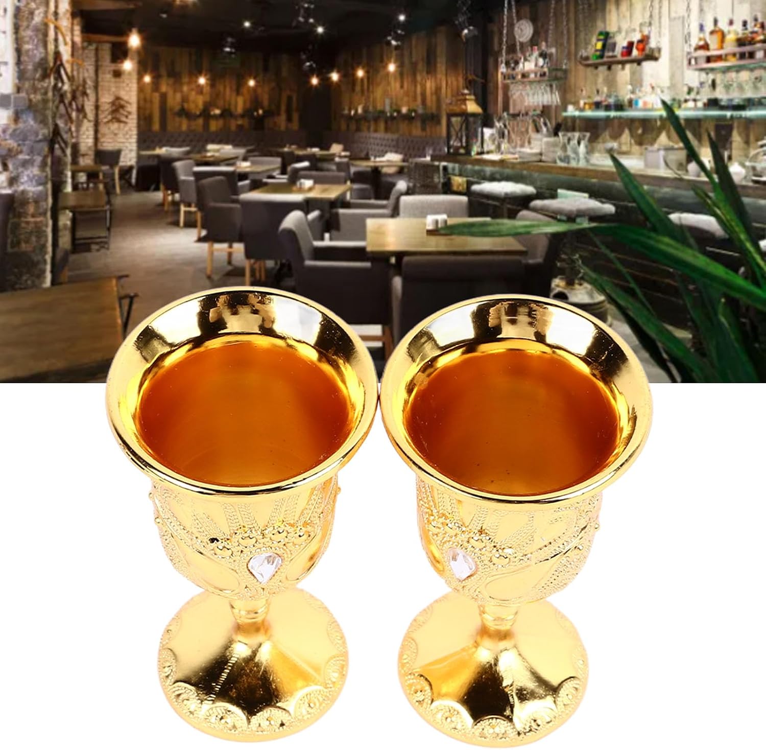 2Pcs Wine Goblet, Vintage Engraving Wine Cup,Chinese Chalice Retro Gold Style Simple Elegant Metal Glass Embossed Pattern Pimp Cup for Party Banquet Family
