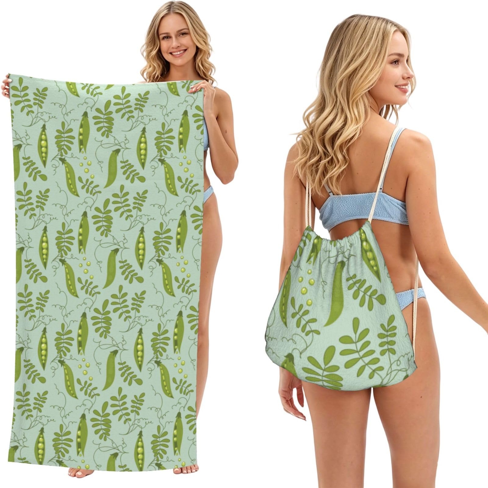 Poadnly As Picture Green Peas Leave Blue, 2 In 1 Packable Towel Bag, Beach Towels With Drawstring Backpack For Travel Holiday Camping