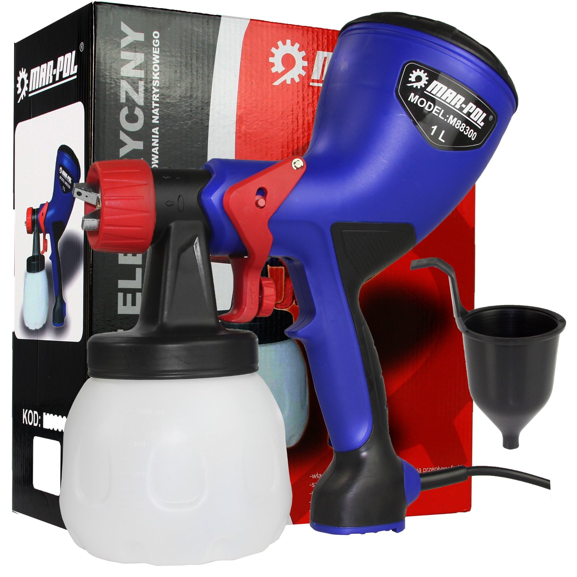 Elektryczny pistolet natryskowy | 600 W | Maksymalny przepływ 0,5 l/min | Dysza metalowa 1,8 mm | Zbiornik 1 litr | do farb olejowych akrylowych emulsyjnych, impregnujących podkładów lakierniczych