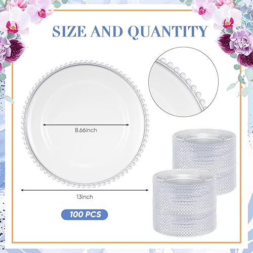 Miniatura 2 de 100 platos de carga redondos transparentes de 13 pulgadas, de plástico, platos de servicio decorativos con borde de cuentas para bodas, fiestas de