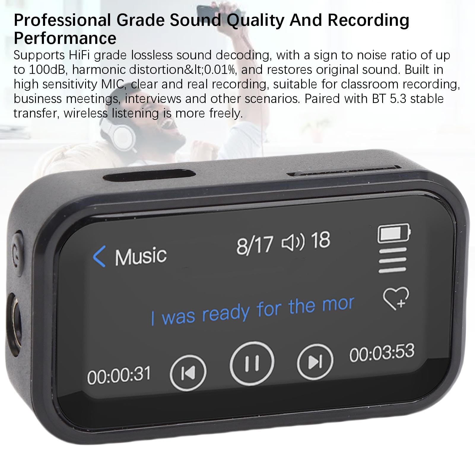 Lettore MP3 con Bluetooth 5.3, Lettore Musicale Portatile da 32 GB con Clip Posteriore, Audio HiFi Senza Perdite, Touchscreen da 1,47", Radio FM E-book