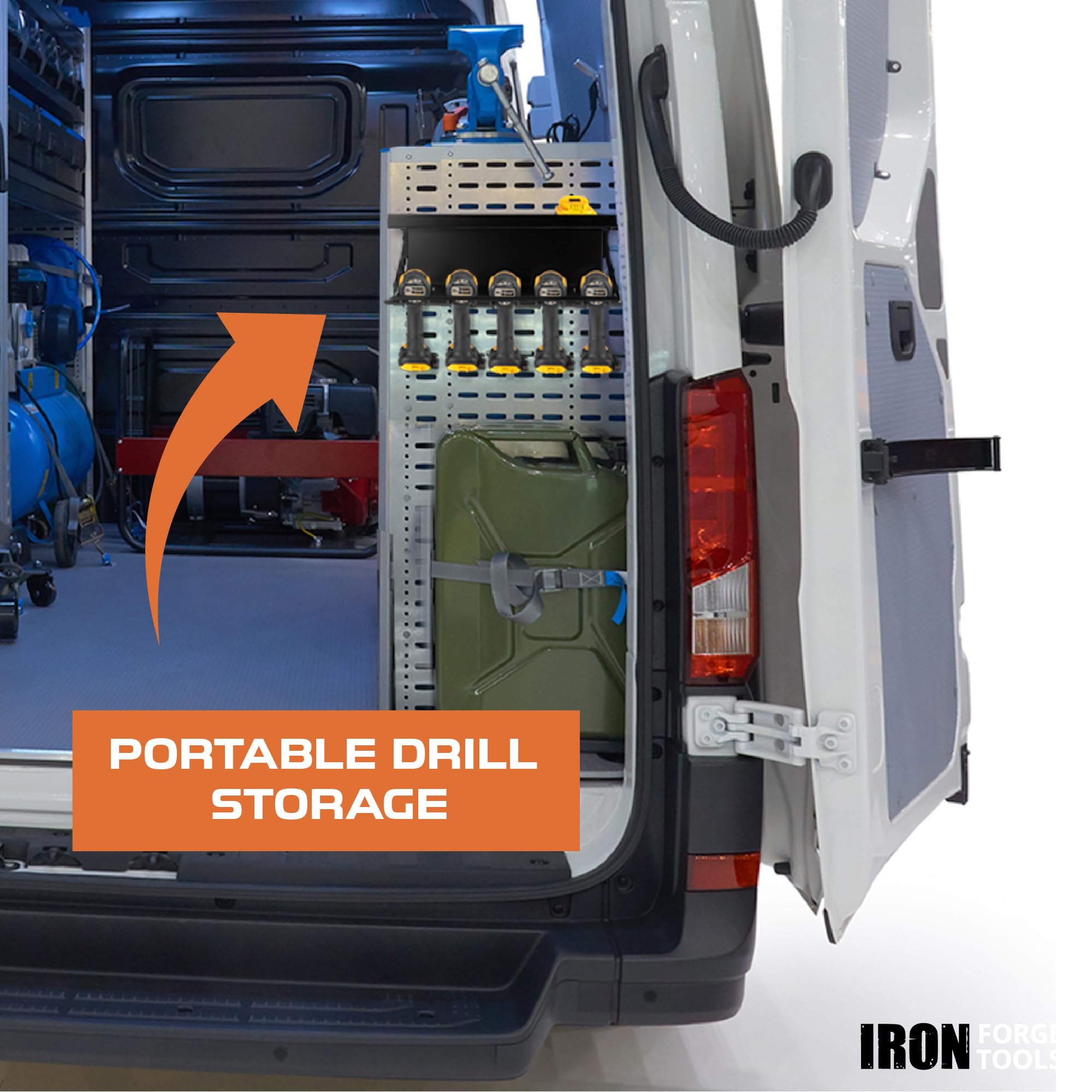 Iron Forge Tools Supporto da parete per utensili elettrici in metallo, supporto per 5 trapani, dock per utensili elettrici senza fili, rimorchio chiuso e organizzazione garage con rack di bloccaggio,