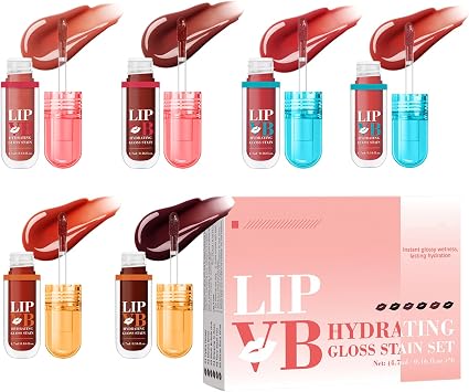Vitamin B Hydrating Lip Gloss Set   6 PCS High-Pigment, Non-sticky, Mirror Shine Lip Gloss/Lip Stain   Long-Lasting Moisture & Gloss Finish - Hydrating Glossier Lip Balm for Dry Lips