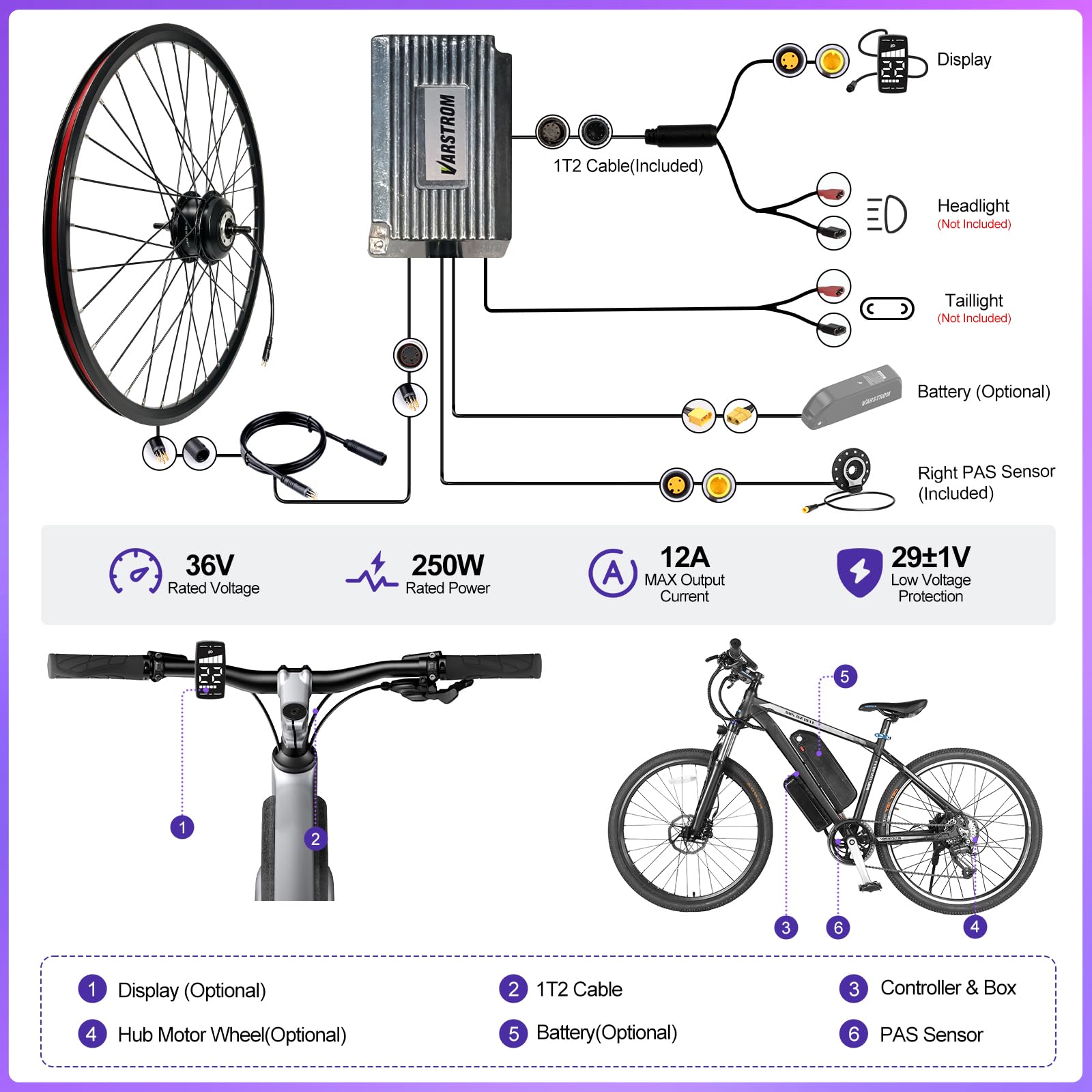 36V 250W Kit Conversione Bici Elettrica con Batteria Opt 26" 27.5" 28" 29" | 700C Kit Bici Elettrica Ruota Anteriore Posteriore per City Bike MTB con Freno a Disco Freewheel Spostamenti Quotidiani