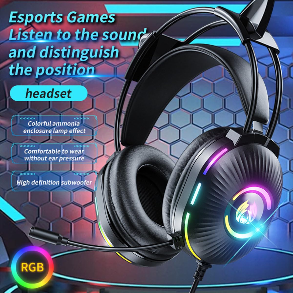 Cuffie da gioco con microfono, graziose cuffie RGB cablate con microfono a cancellazione del rumore, auricolari over-ear con orecchie da gatto per giocatori/PC/streamer/cosplay (nero)