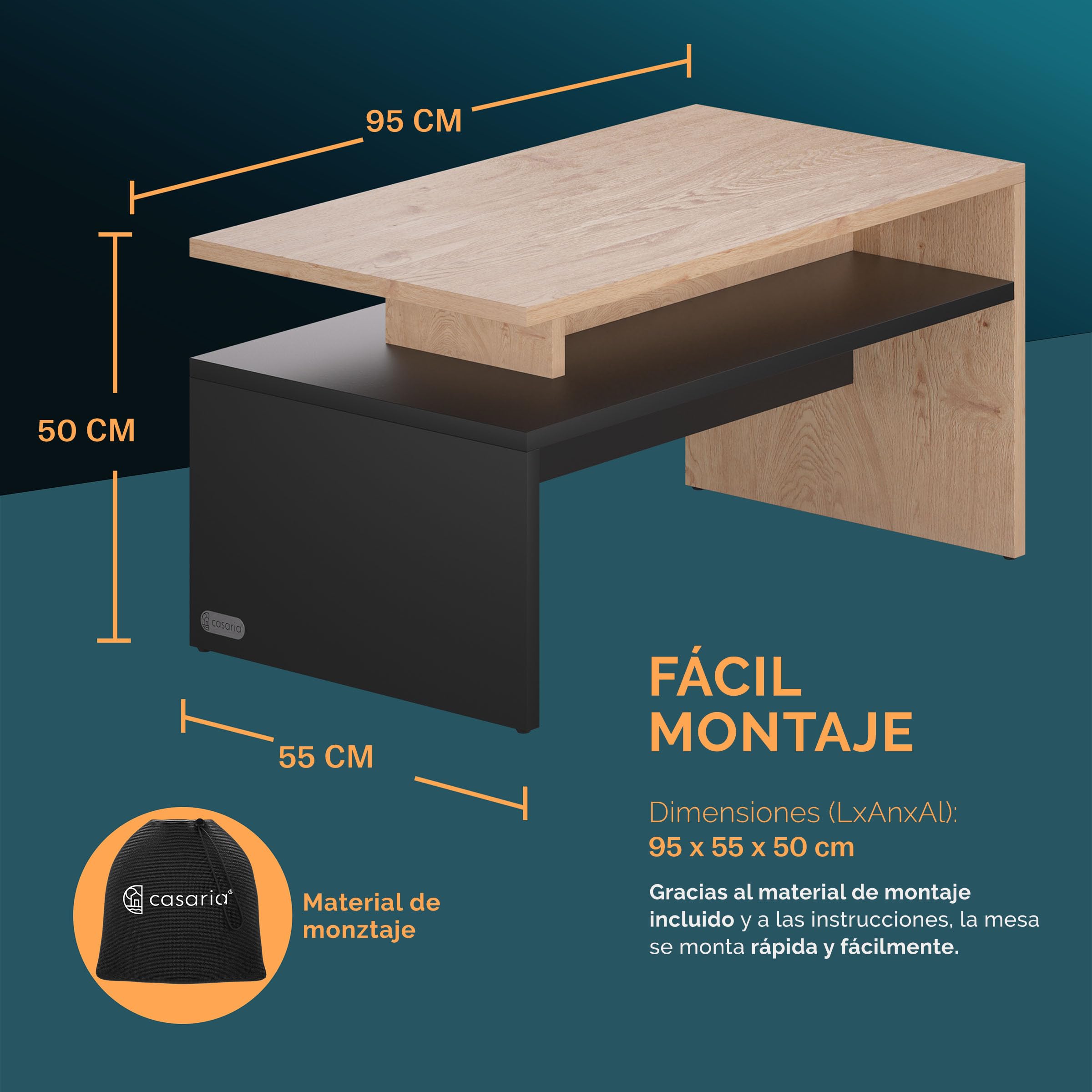 CASARIA® Mesa de Centro Sacramento 95x55x50cm Mesita Auxiliar Carga hasta 50kg Mueble de Salón Gris Madera