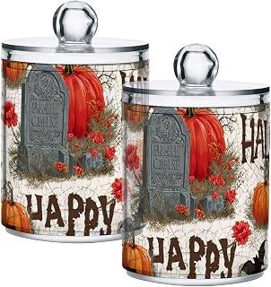 2 Pack Apothecary Jars Halloween Symbols Collection Bathroom Vanity Storage Organizer Set,Small Clear Plastic Storage Jars Bathroom Canister for Cotton Swabs, Rounds, Balls, Qtips,Makeup Sponge