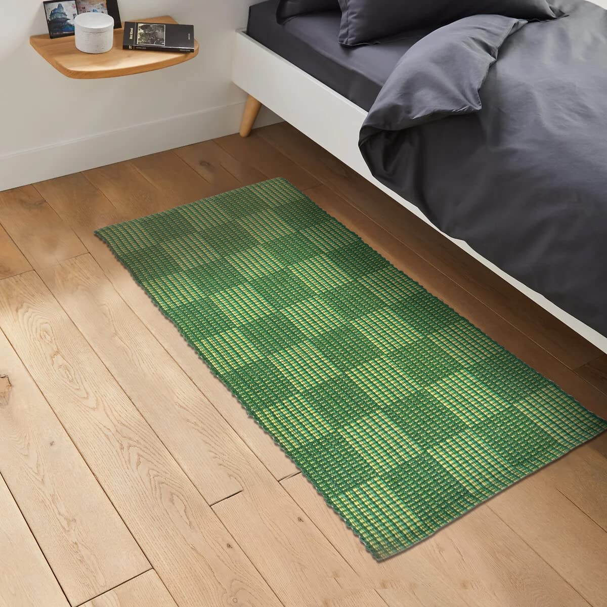H2H House2Home - Cotton Bedside Mat, Check Design Pattern, Thickness 8MM, 50x110cm (Medium), Best Used as Bedside, Table Runner, Runner, Throw Rug - Green