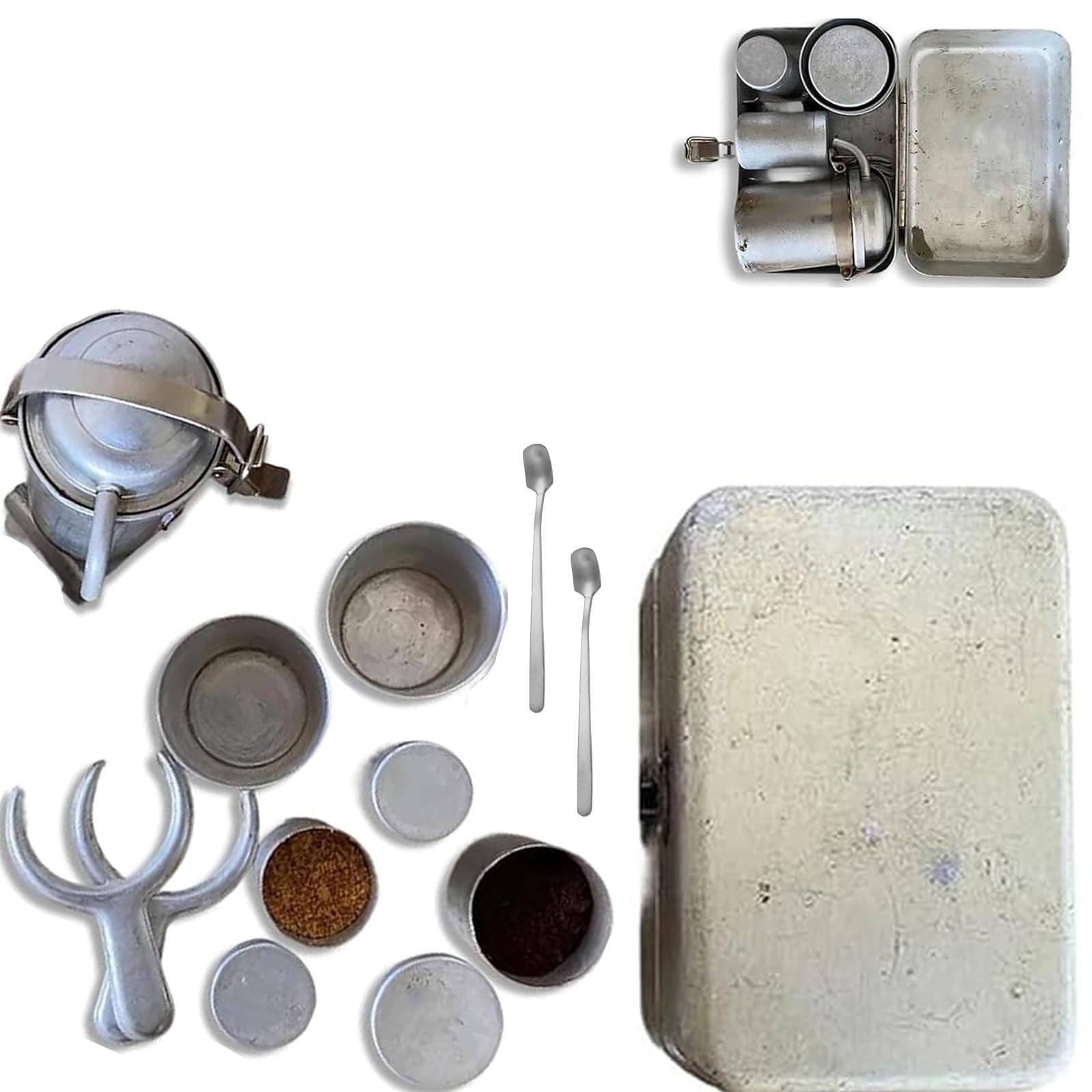 Kit Caff&egrave; Da Campeggio Portatile Vintage &ndash; Moka Pour Over In Metallo Argentato Con Salvietta Omaggio