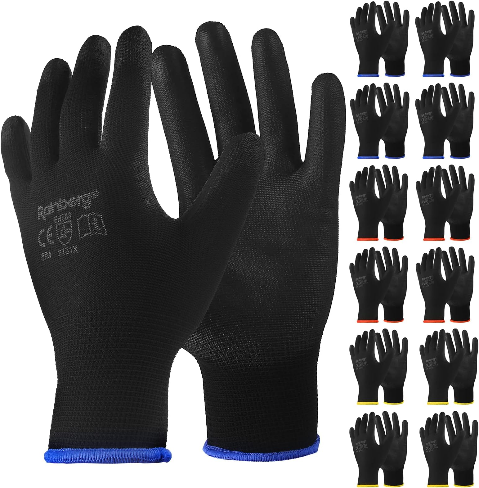 Rainberg Pack of 12 or 24 Safety Gloves, Work Gloves, with Secure Grip on Palm & Fingers, PU and Nylon Non-Slip Gloves, Ideal for General Duty Work, Gardening. (Pack of 12 Pair's, Large)