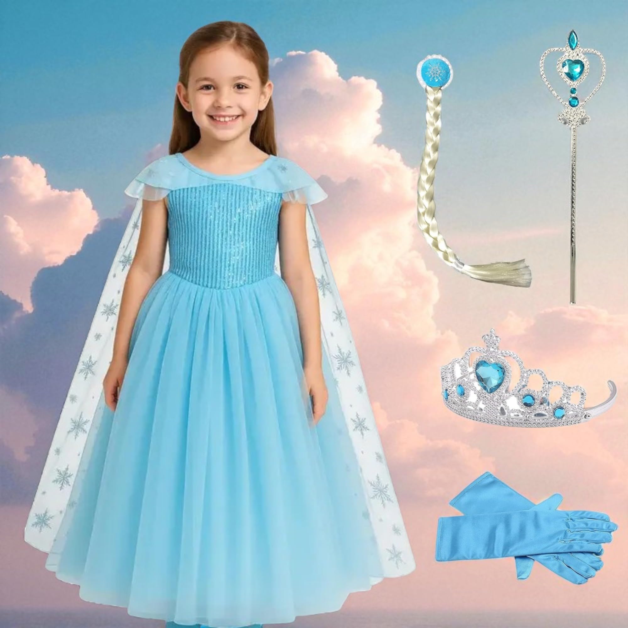 KMEXIM Forzen Elsa Girls Princess Dress Costume Set with Attached Cape, Crown, Wig, Gloves and Wand, Ice Blue, 5-Piece Accessories Complete Set Halloween Fancydress Costumes (4 Years To 5 Years) - Image 5 thumbnail