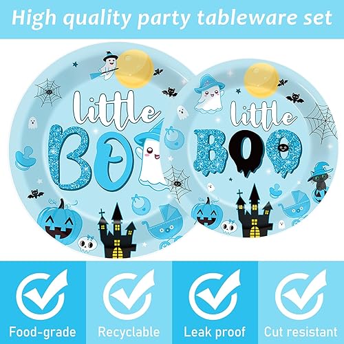 Miniatura 4 de ZOIIWA Juego de 96 piezas de vajilla de Halloween Little Boo Baby Shower para niños, suministros de fiesta de fantasmas para 24 invitados, platos