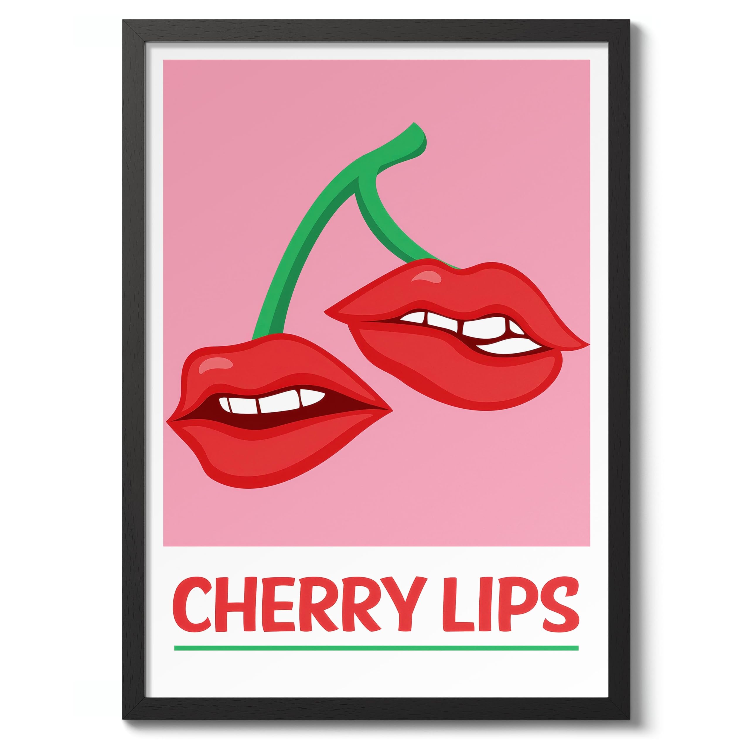 Cherry Lips Hot Pink Preppy Aesthetic Girls Bedroom Wall Art Decor, Archival Matte, A3 (Black Frame) - 42x29.7cm — image 1