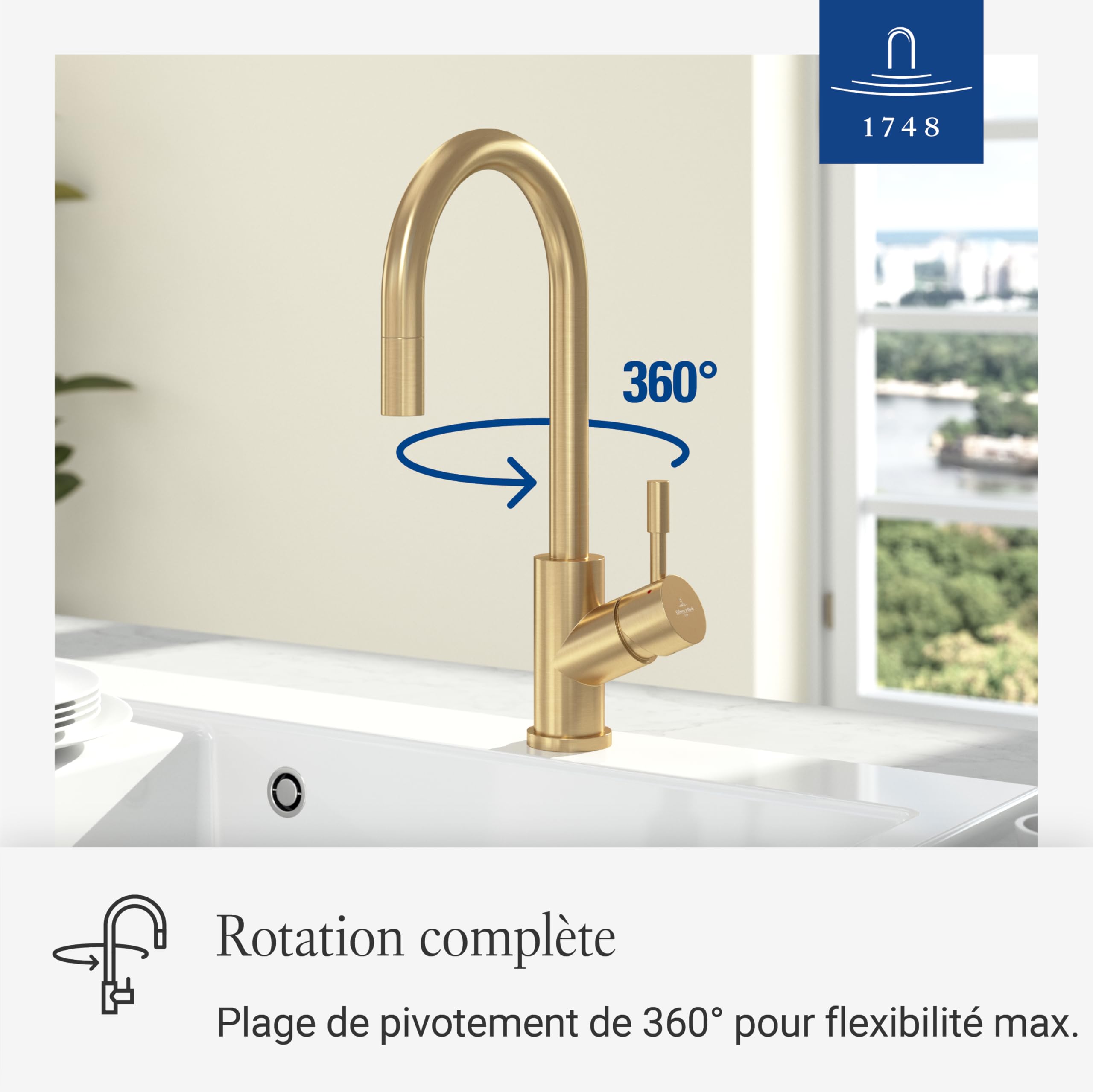 Robinetterie Villeroy & Boch Umbrella Flex, haute pression, robinet avec douchette extractible et rotation 360°, robinetterie économique, bec 220 mm, gold