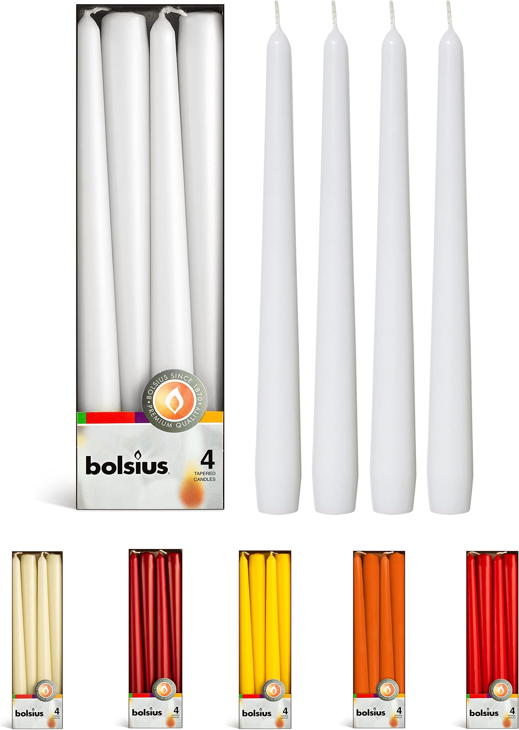 BOLSIUS White Taper Candles - 4 Pack Unscented 10 Inch Dinner Candle Set - 8 Hours Burn Time - Premium European Quality - Smokeless and Dripless Household, Wedding, Party, and Home Decor Candlesticks