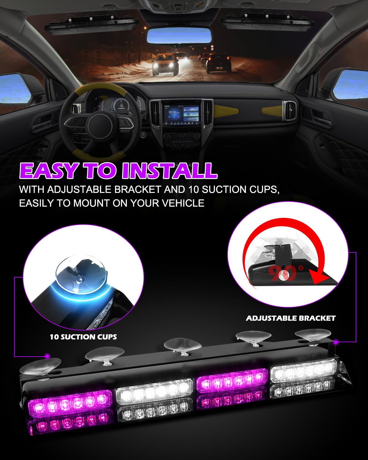 HLauto 604N - Luces estroboscópicas de emergencia para salpicadero con driver: 2 x 16.8 pulgadas, luz de seguridad blanca morada con despegar, 48 LED de seguridad intermitente, peligro, barra de luz
