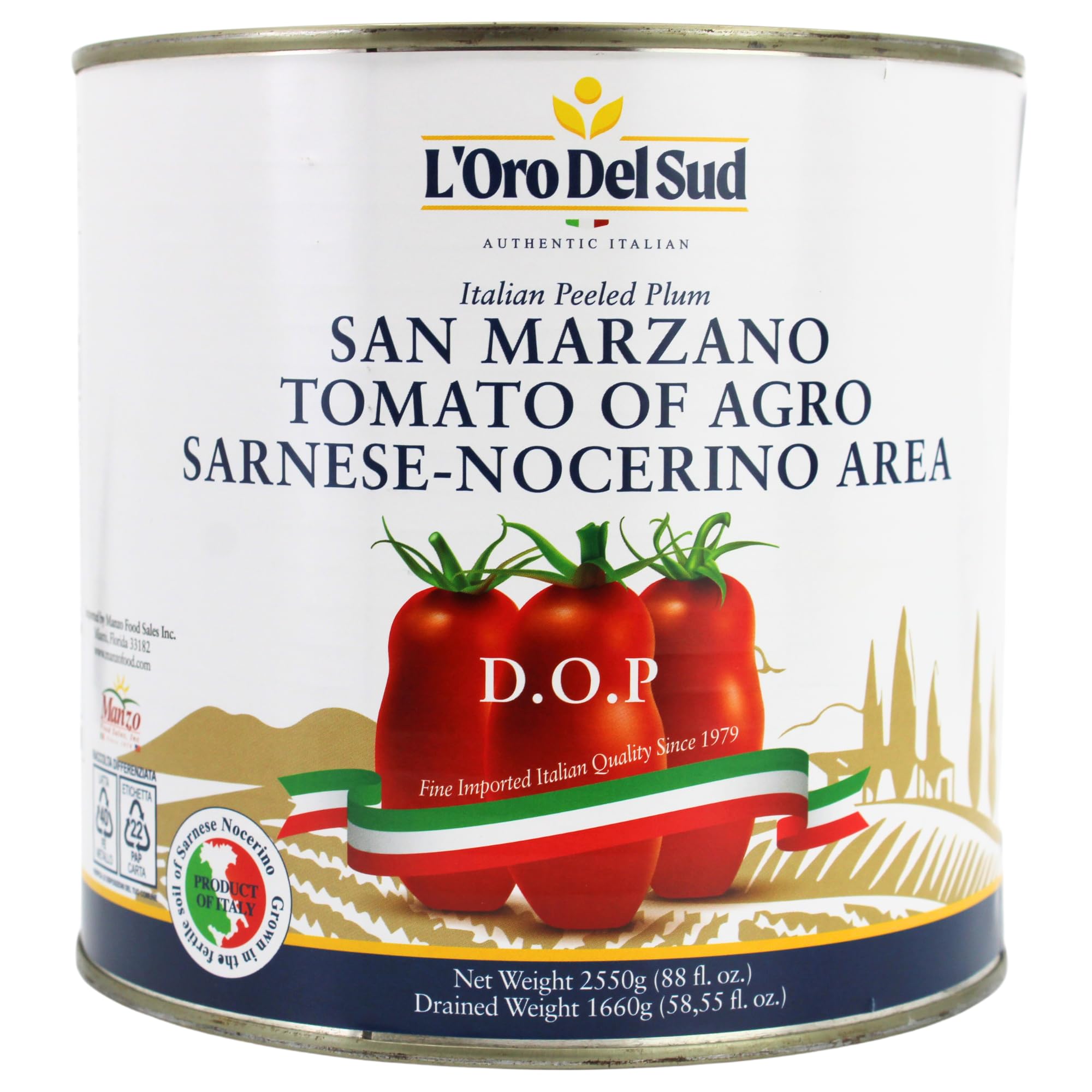 L'Oro Del Sud - D.O.P San Marzano Tomatoes of Agro Sarnese-Nocerino Area, Net Wt. 2550g (88 fl. oz). Pomodoro San Marzano dell’Agro Sarnese-Nocerino DOP Certification