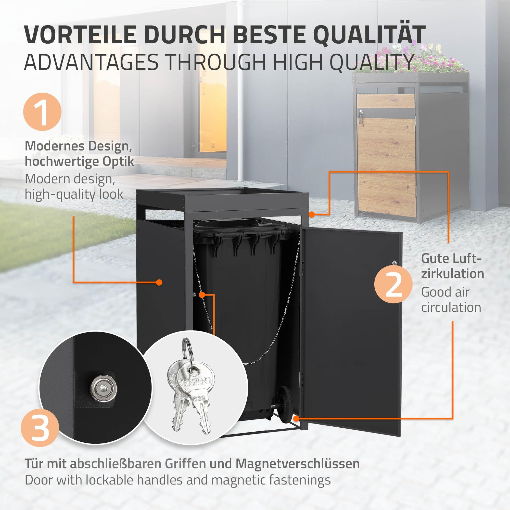 ML-Design Mülltonnenbox 1er 240L mit Pflanzdach, Mülltonnenverkleidung für 1 Mülltonne, Müllbox wetterfest, Mülltonnenhaus aus Stahl, Müllcontainer, abschließbare Tür, 68x80x124 cm Anthrazit-Holzoptik