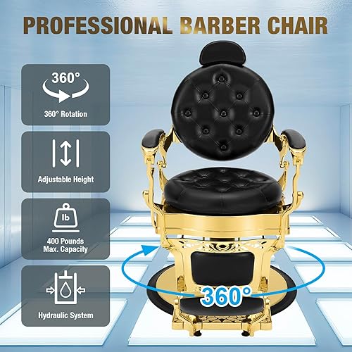 Vista 4 de Silla de peluquero clásica hidráulica profesional vintage resistente con reposacabezas de altura ajustable para salón y hogar