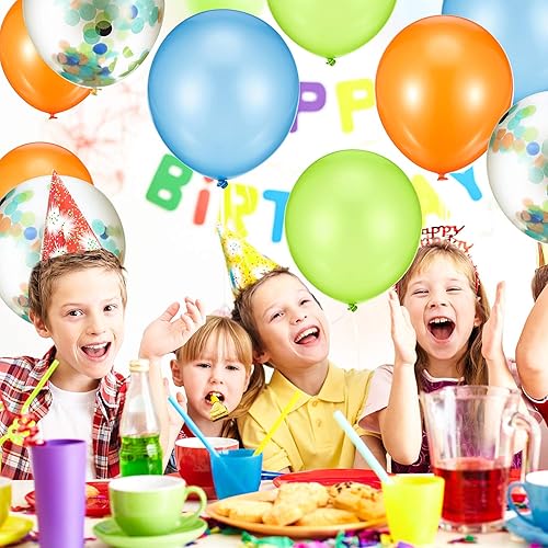 Miniatura 7 de Gejoy 60 globos de fiesta de dinosaurio de 12 pulgadas, globos de látex verde fruta, azul y naranja, con confeti para arco de guirnalda de