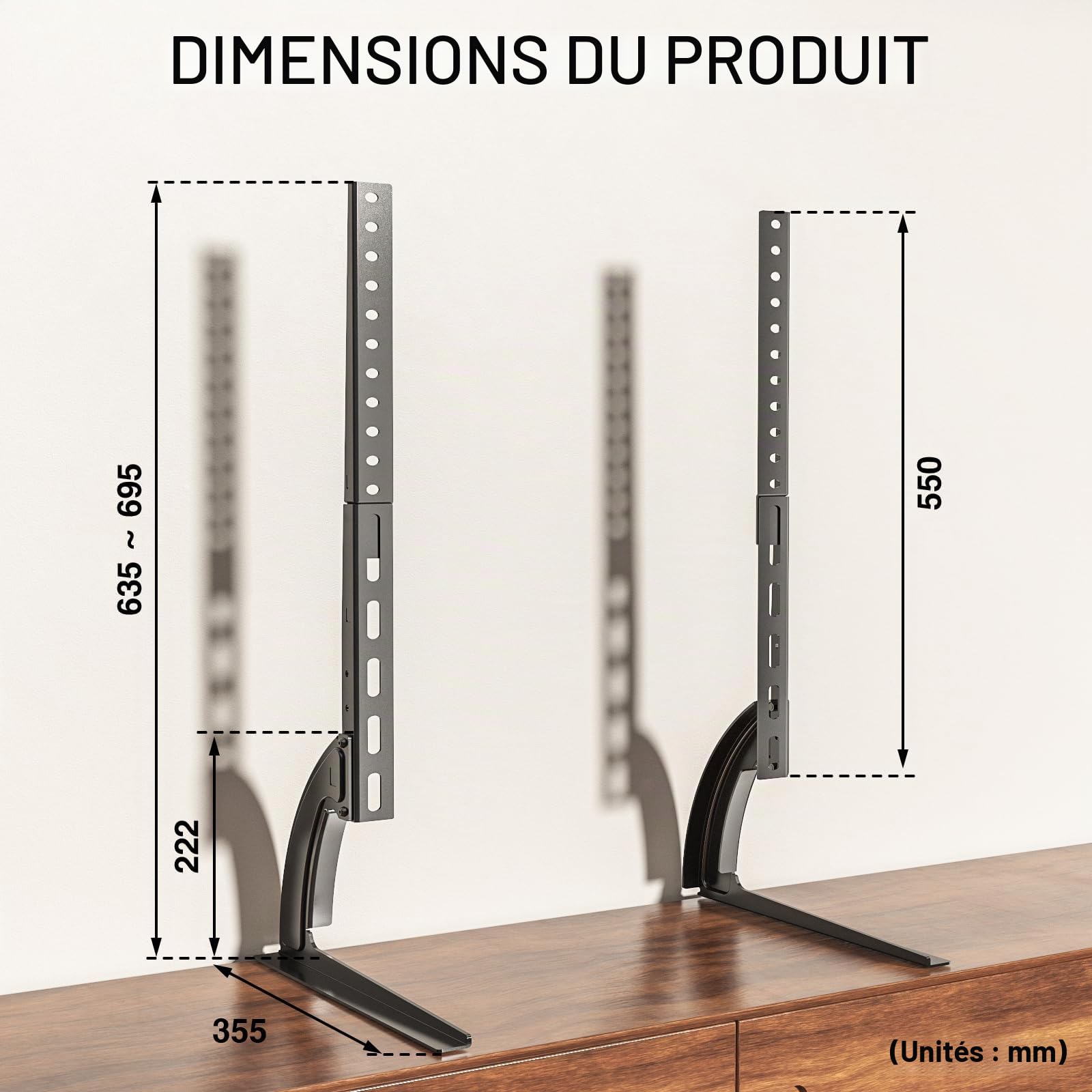 RFIVER Support TV Pieds Place sur Meuble Télé Elévateur Hauteur Adjustable pour LCD LED OLED ALED Ecran 20 à 65 Pouces VESA jusqu'à 800 x 500 mm