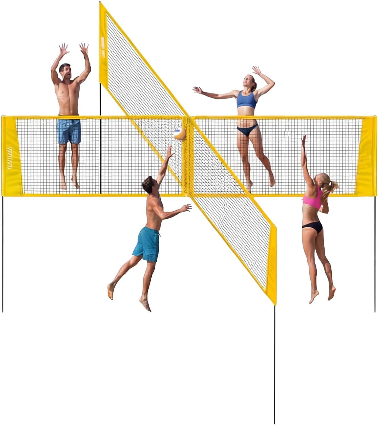 14FT Portable 4 Square Volleyball Game Set – Adjustable Height Net, Durable Frame & Full Accessories for Backyard/Beach/Lawn, Family Volleyball Equipment, Yellow
