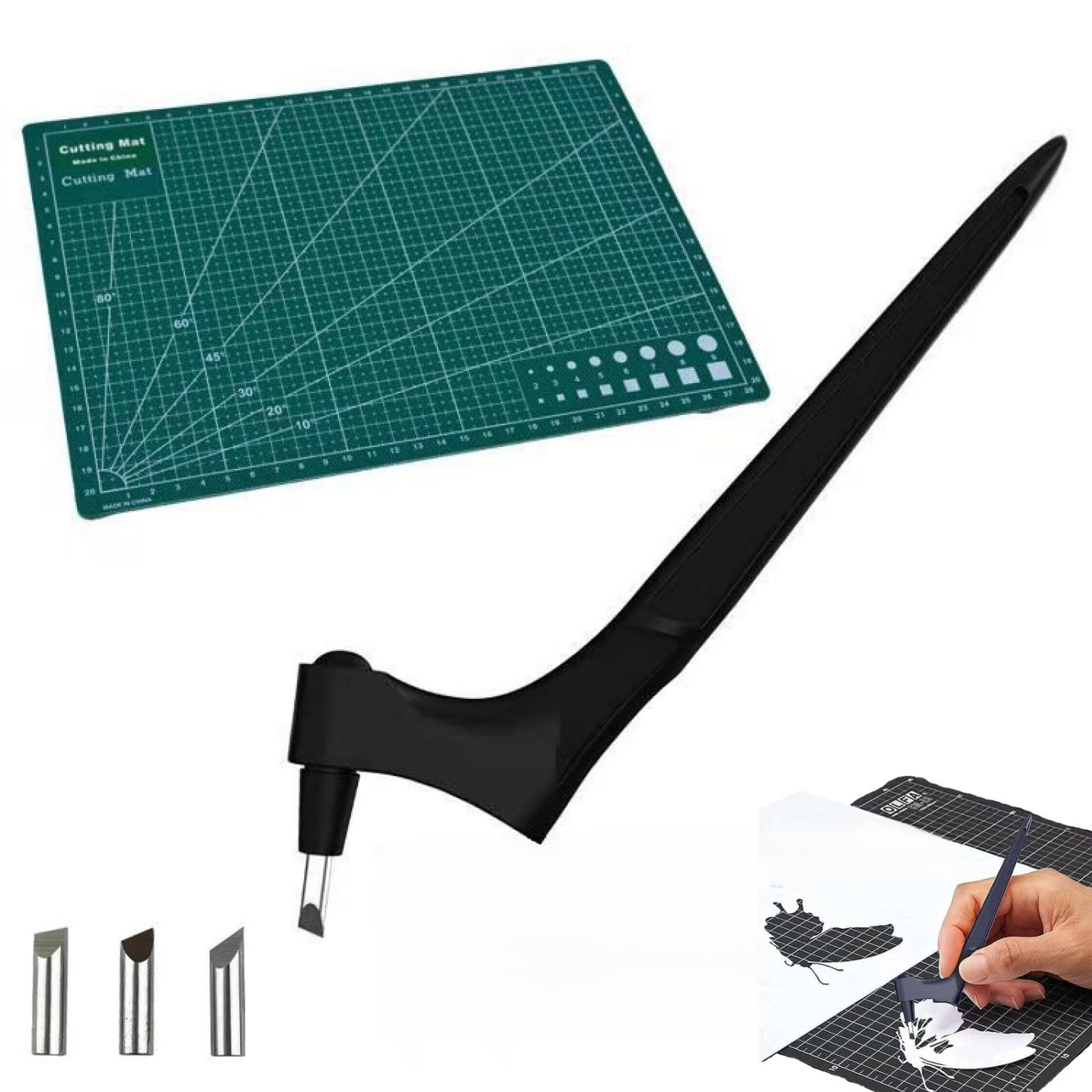 Craft Cutting Tools Pen,Pefctiordent Cutting Craft Tool, 360 Rotating Blade Paper-Cutter,With 15,30,45 Degree Engraving Head And Rotating Cutting Mat,for Stencil Scrapbook DIY Craft (Black)