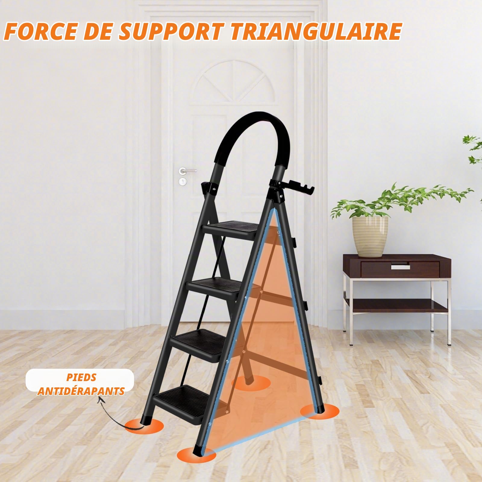 Escabeau Pliable en Acier, Marchepied Antidérapant 4 Marches, Escabeau Stable et Compact pour Maison, Cuisine et Bureau(Noir)